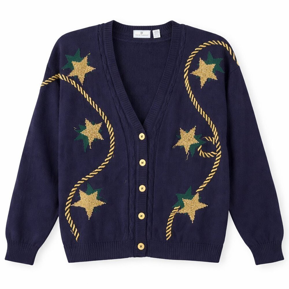 Vintage Maggie Lawrence Navy Knit Gold Star Rope Holiday Cotton Cardigan 26